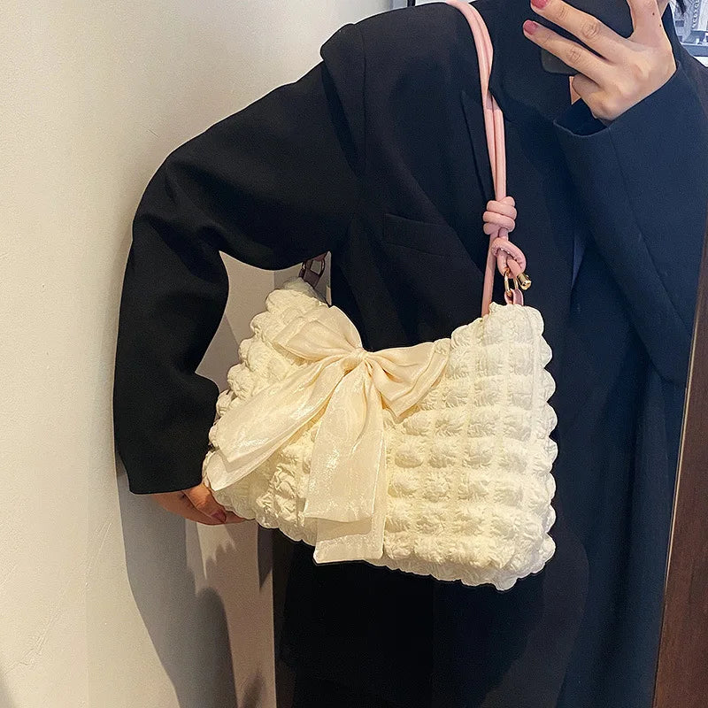 nvxiot - Fashion Pink White Handbags For Women Sweet Bow Simple Casual Shoulder Bags Ladies Daily Shopping Bag Underarm Tote Shoulder Bag