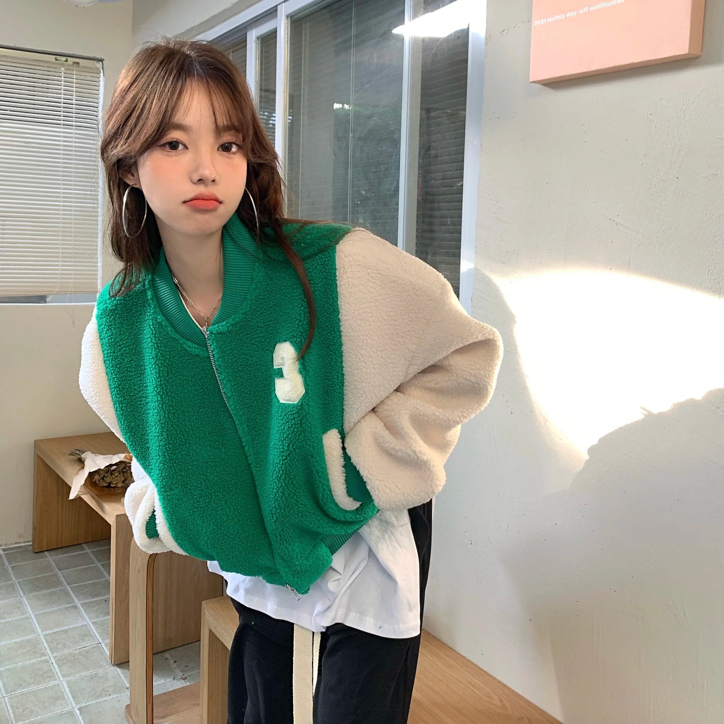 MQTIME - Autumn Winter New Baseball Jackets Fashion Stand Collar Long Sleeve Short Zipper Cardigan Coat Retro Contrast Color Outerwear