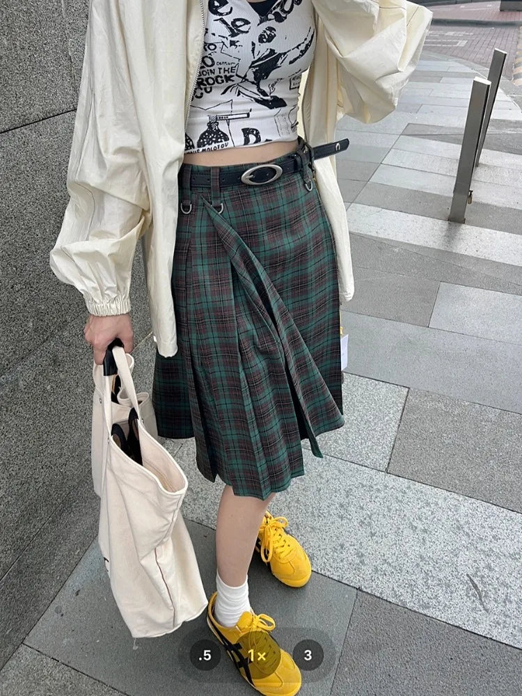 MQTIME - Vintage Plaid Midi Skirt Women American Retro Pleated A-line High Wasit Skirts Summer Fashion Uniform Aesthetics Clothes