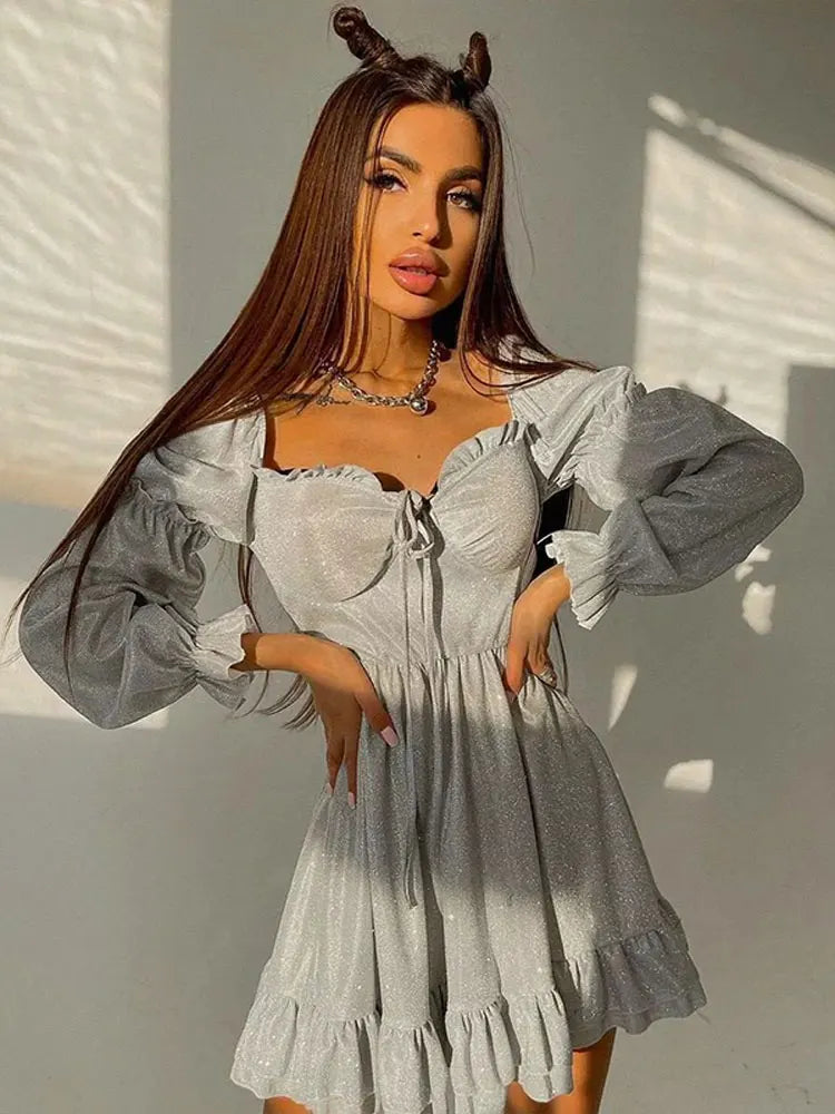nvxiot Elegant Solid Slim Pleated Dresses For Women Casual A Line Lace Up Long Sleeve Robes Fashion Autumn Club Party Vacation Dress