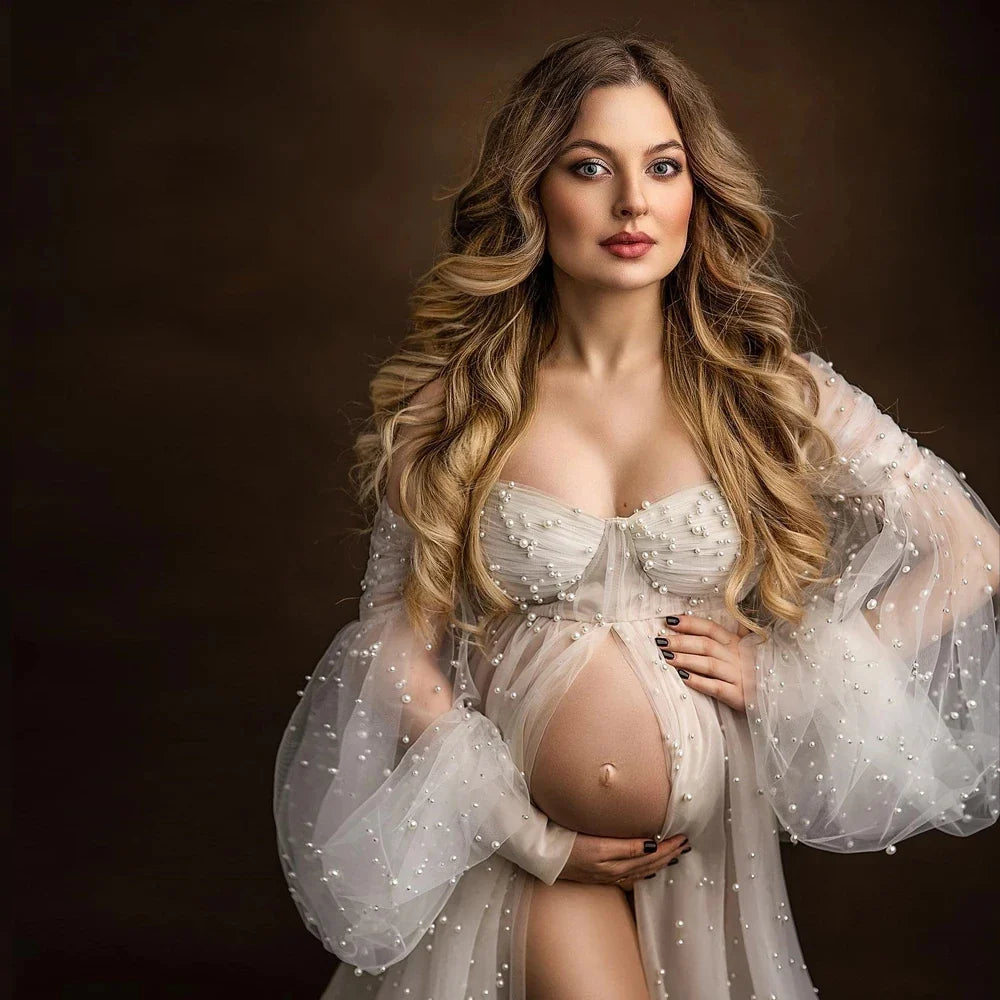 nvxiot Elegant Maternity Photography Props Dress Pearls Tulle Bridal Gown Maternity Dresses for Photoshoot Off Shoulder Babyshower Gown