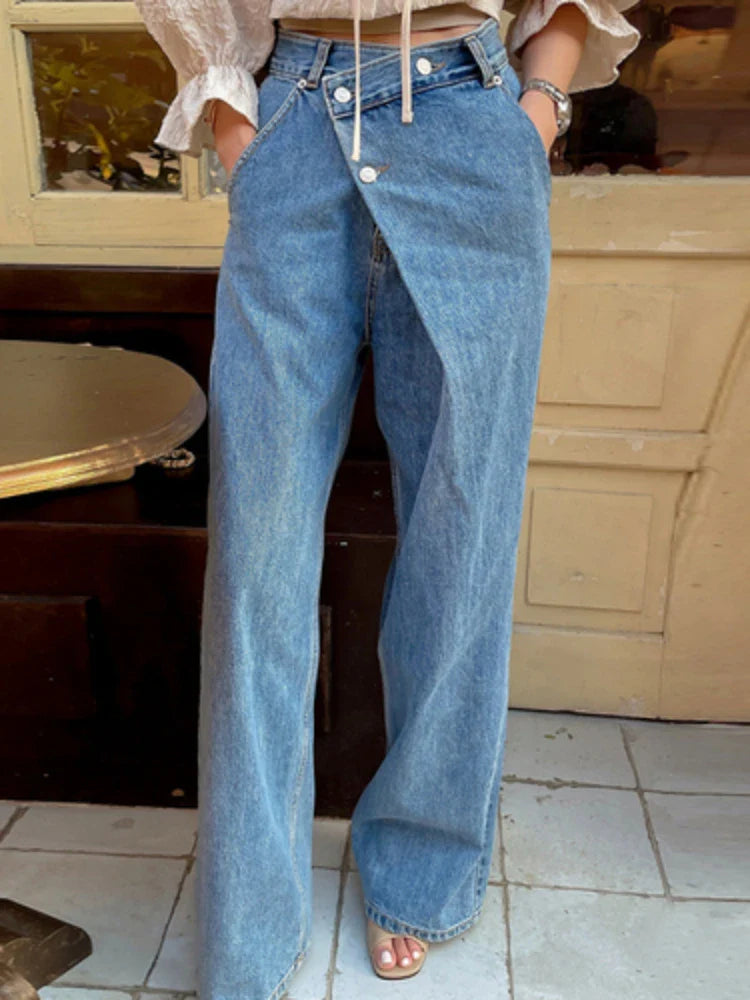nvxiot - Women Vintage Korean Jeans Long Pants Spring Summer High Waisted Diagonal Buckle Loose Straight Leg Pants Baggy Casual Trousers