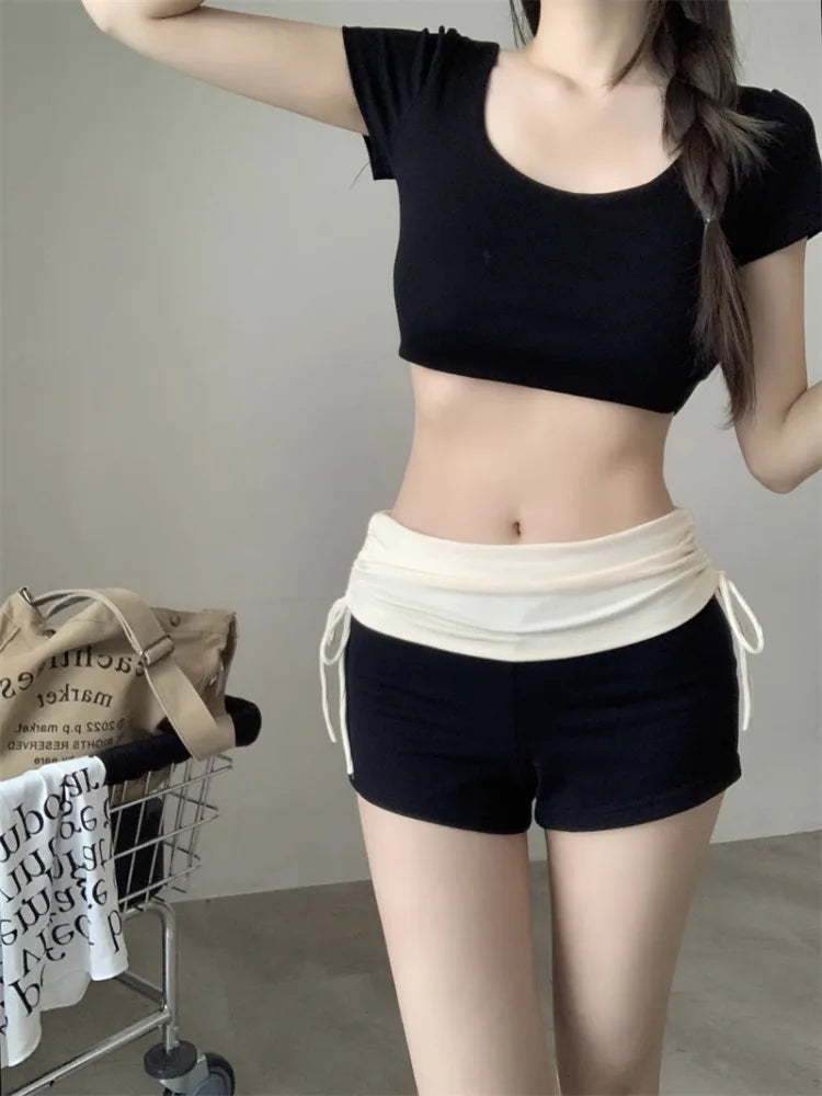 MQTIME - Sport Contrast Patchwork Shorts for Women Lace Up Shirring Elastic High Waist Short Pants Sexy Girl Tight Shorts Summer