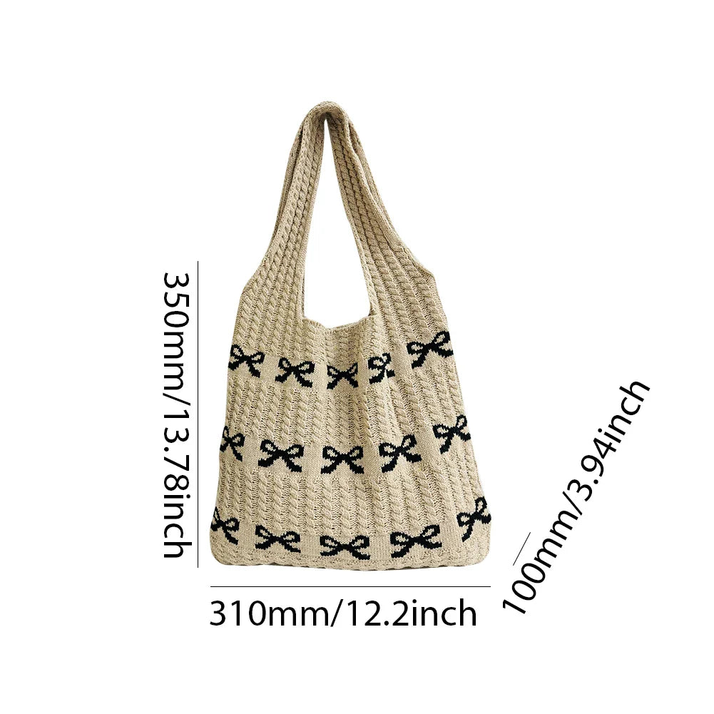 nvxiot - Knitted Handbags Large Capacity Bow Pattern Crochet Tote Bag Bow Pattern Crochet Tote Bag Multifunctional Knitted Shopping Bag