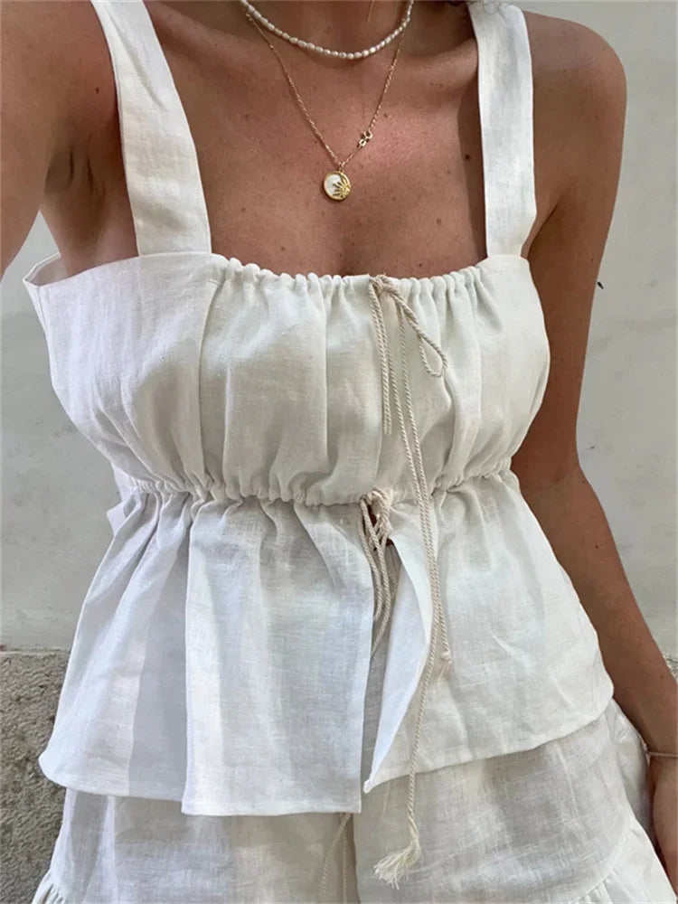 nvxiot - White Lace-Up 2 Piece-Set Shorts Female Slim Square Collar Backless Hollow Out Casual Ruffled Outfits Women's Shorts Sets