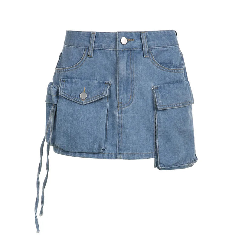nvxiot - Vintage Tie Dye Print Cargo Mini Denim Skirts Women Fashion Multi Pocket Mid Waist Button Fly Casual Jeans Bottom Y2K Streetwear