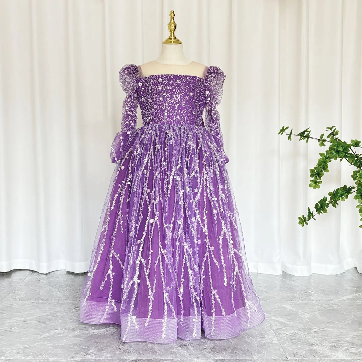 MQTIME - Sparkly Arabic Girl Dress Beading Purple Baby Kids Princess Birthday Wedding Party Children Holiday Gown 2024 J204