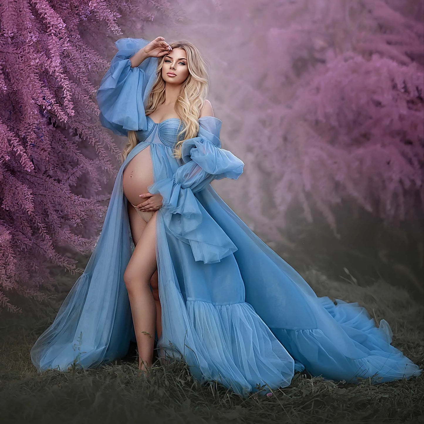 nvxiot - Pretty Blue Maternity Photography Dresses Fluffy Tulle Tiered Long Sleeves Pregnant Woman Maternity Gown Photography Dress 2024
