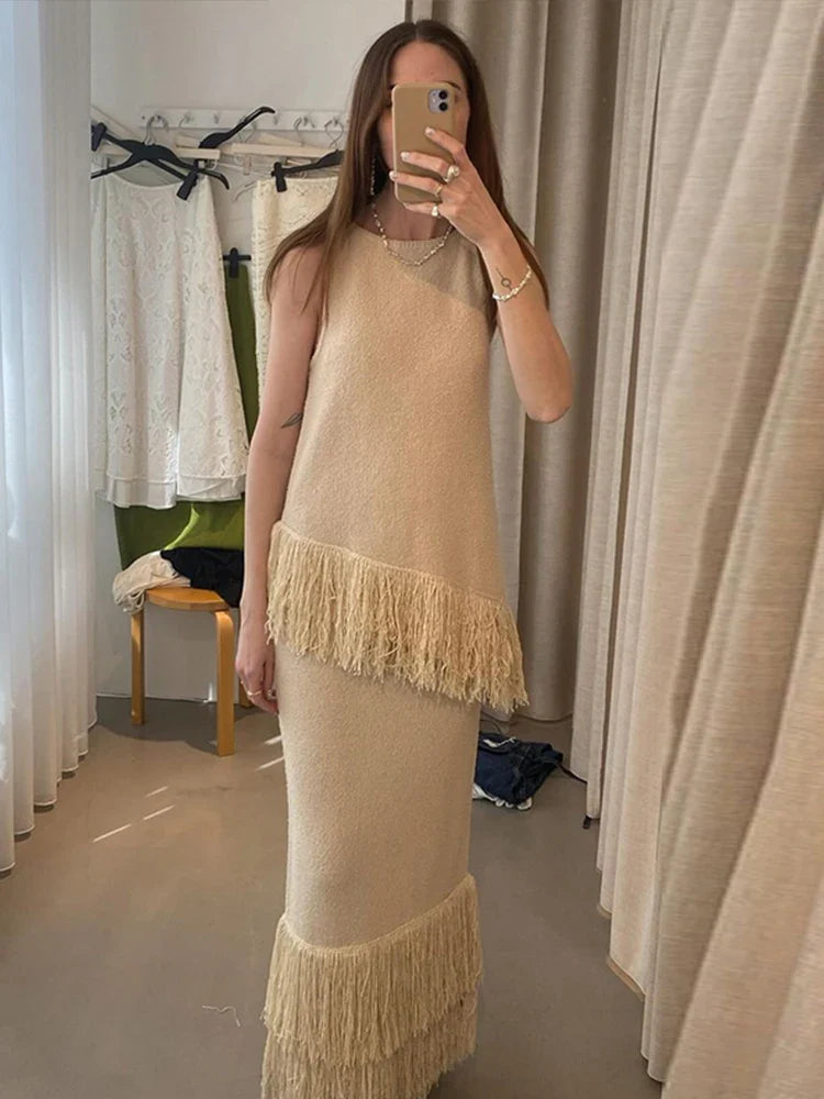 MQTIME - Elegant Solid Fringe Women Skirt Suits O-neck Sleeveless Vest High Waist Wrap Hip Skirts 2024 Summer New Fashion Female Sets