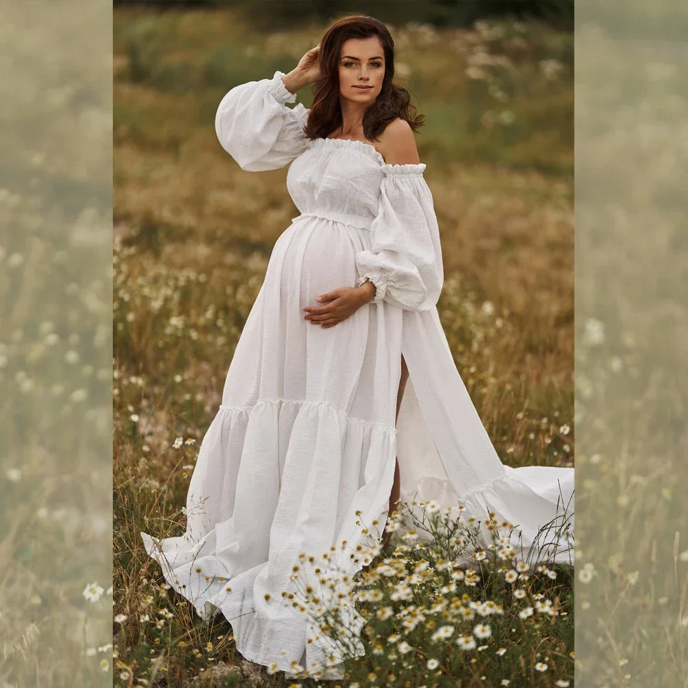 nvxiot - Retro Bohemian Pregnancy Dress Photo Shooting Comfortable Maternity Wear Linen Cotton sexy Off Shoulder Top Large Skirt Hem