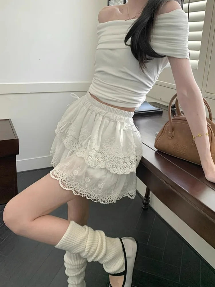 MQTIME - White Lace Mini Skirt Women Ballet Style Bow Kawaii High Waisted A-line Skirt Summer Fashion Cutecore Girl Clothing New