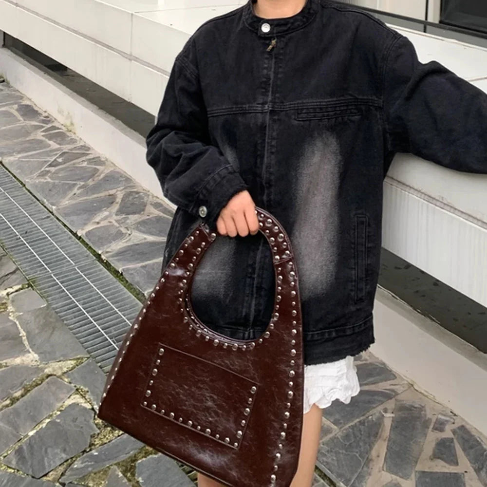 nvxiot - 24 new retro rivet decorative shoulder bag European and American motorcycle wind oil wax leather armpit handbag for women