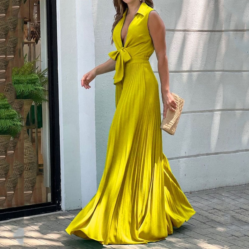 nvxiot Women Jumpsuit Summer Fashion V Neck Sleeveless Lapel Solid Pleated Lace Up Loose Wide Legs Romper High Streetwear