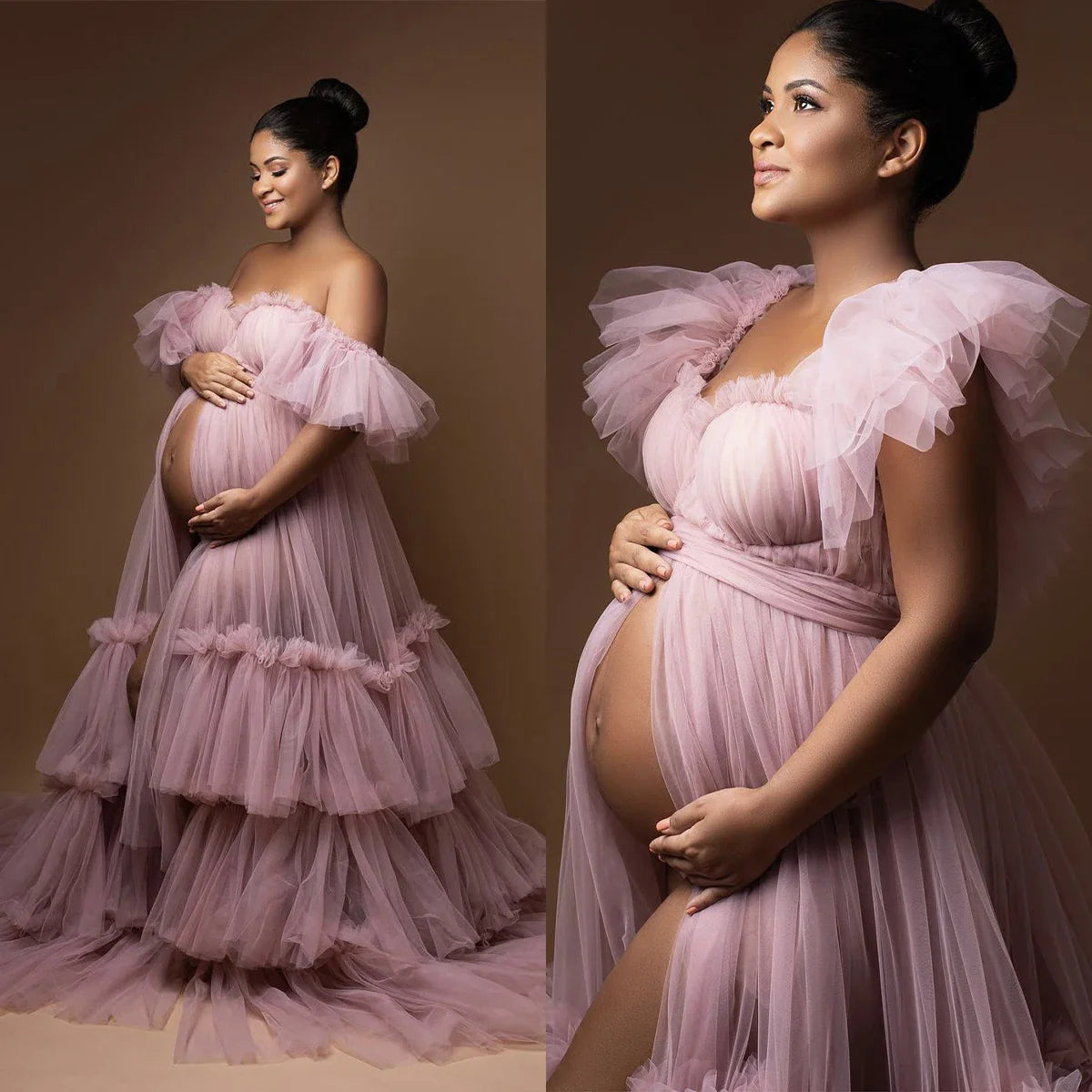 nvxiot - Ruffle Evening Dresses Women's Sweetheart Off Shoulder Pregnancy Bathgown Maternity Custom Made Tulle Robe for Photo Shoot