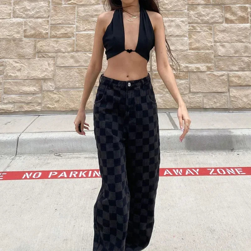 nvxiot - Plaid Punk Gothic Grunge Pants Hip Hop Wide Leg High Waist Women Trouser Black Loose Fashion Streetwear E Girl Pants Autumn