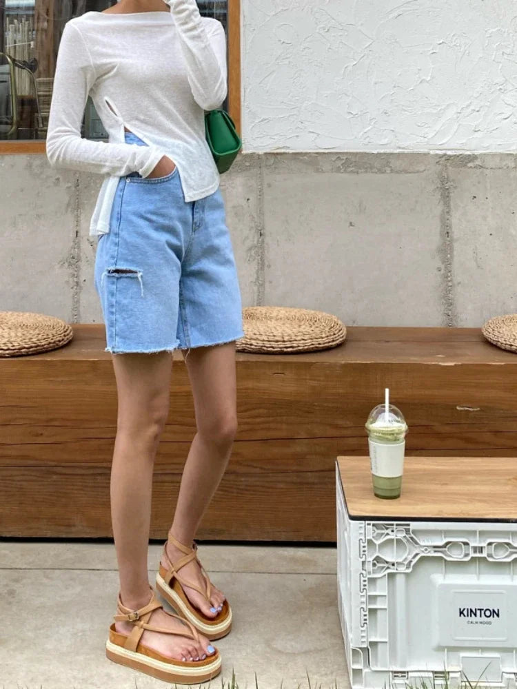 nvxiot - Women Baggy Denim Pants Summer High Waist Korean Streetwear Ripped Jeans Woman Vintage Blue Button Jeans Shorts
