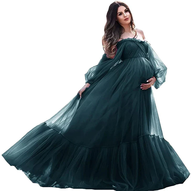 nvxiot - Puffy Sleeve Maternity Dress Tulle Robe With Underskirt for Photoshoot Off Shoulder Pregnancy Baby Shower Gown