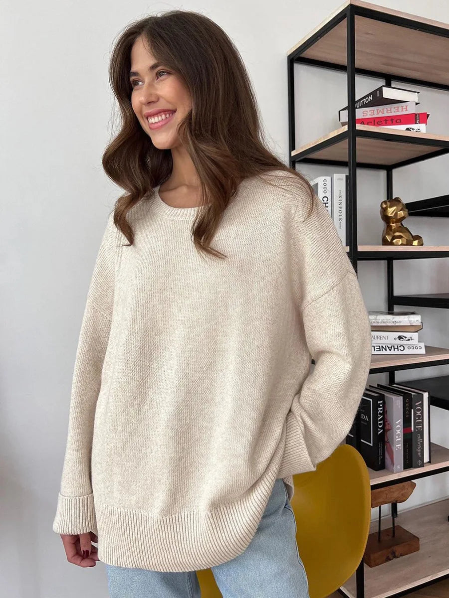 nvxiot Blue Basical O-Neck Slit Sweater Knitwear Women Autumn Long Sleeve Knitted Pullovers Loose-fit Casual Jumpers Clothing