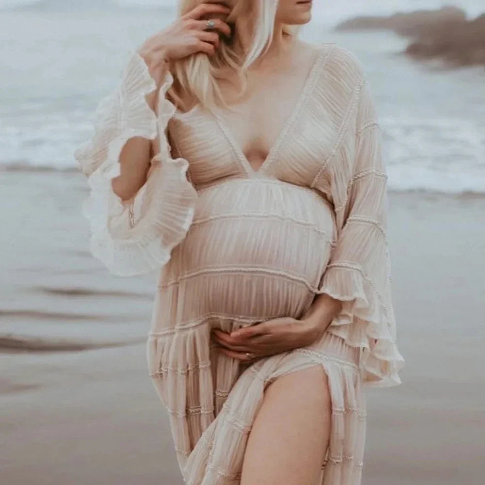 nvxiot - Pleat Mesh Boho Maternity Dress For Photography Props V-neck Sides Slit Bohemian Pregnancy Photo Shoot Dress