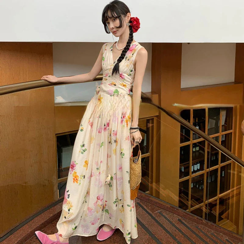 MQTIME - Summer Woman Holiday Dress Elegant Floral Midi Dress Beach Style Sexy Sleeveless Dresses Harajuku Outwear Korean Fashion Dress