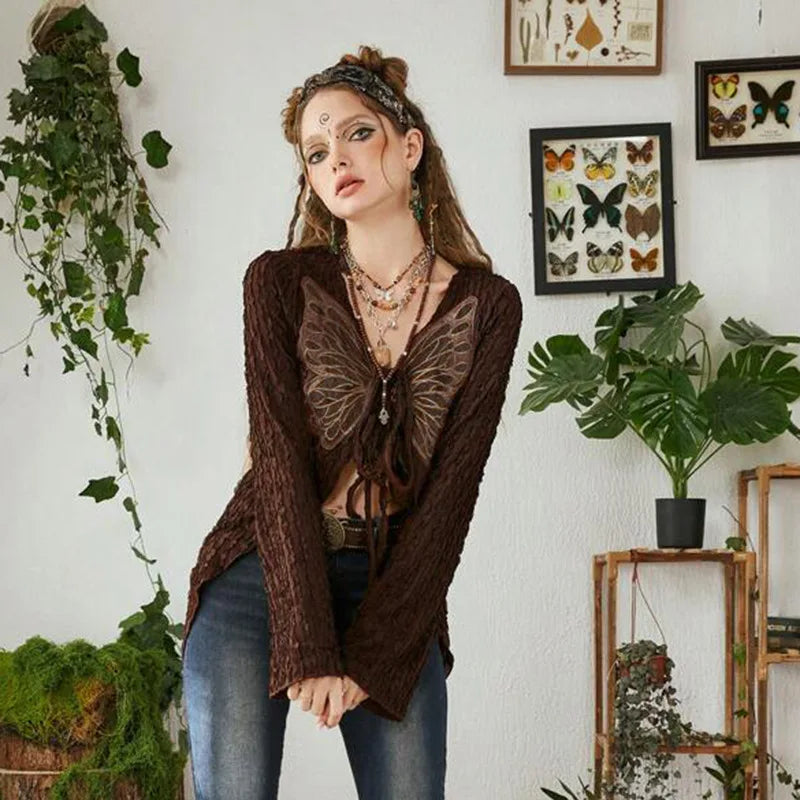 MQTIME - Retro Butterfly Print Cardigan Women's Flare Sleeved Texture Gypsy T-shirts Straps Mori Girl Vintage Slim Knitted Sweater Mujer