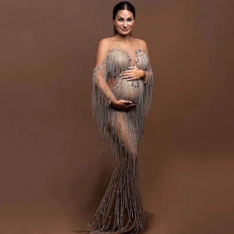 nvxiot - 2024 new arrivals blingbling diamond tassels maternity dresses pregnant women party plus size dresses for photo shoot