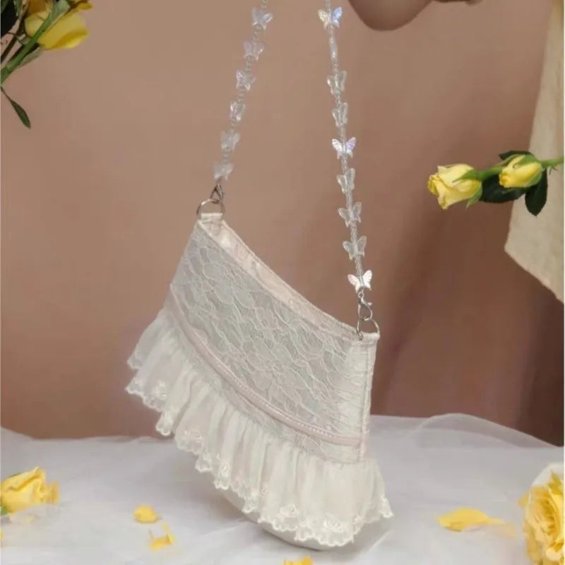 nvxiot - Lolita Lace Sweet Handbag Women Vintage Fairycore Aesthetic Bow Chic Shoulder Bags Purse Female Retro Underarm Bag Bolso