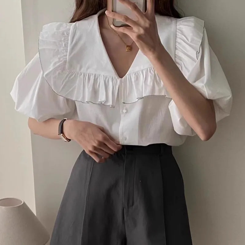 nvxiot - Korean Style Female Shirts Summer Minimalist Navy Collar Ruffle Stripe Blouse Loose Single Breasted Short Bubble Sleeve Tops