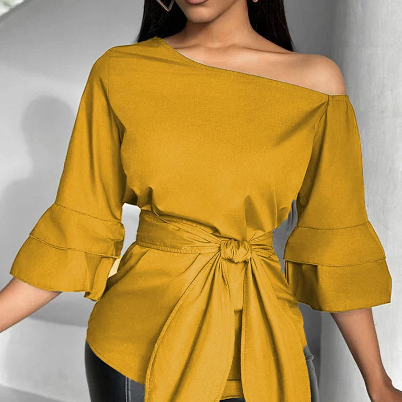 nvxiot - New Spring Casual Flared Sleeve Commuting Shirt Women's Loose Solid Color Pullover Fashion Diagonal Neck Bow Tie Up Top Blouses