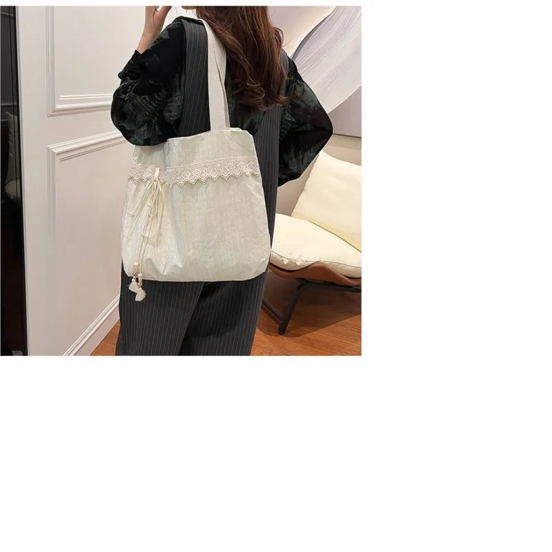 MQTIME - Harajuku Beige Canvas Shoulder Bags Women Vintage Lace Large Capcity Tote Bag Purse Female Versatile Casual Handbag Y2k