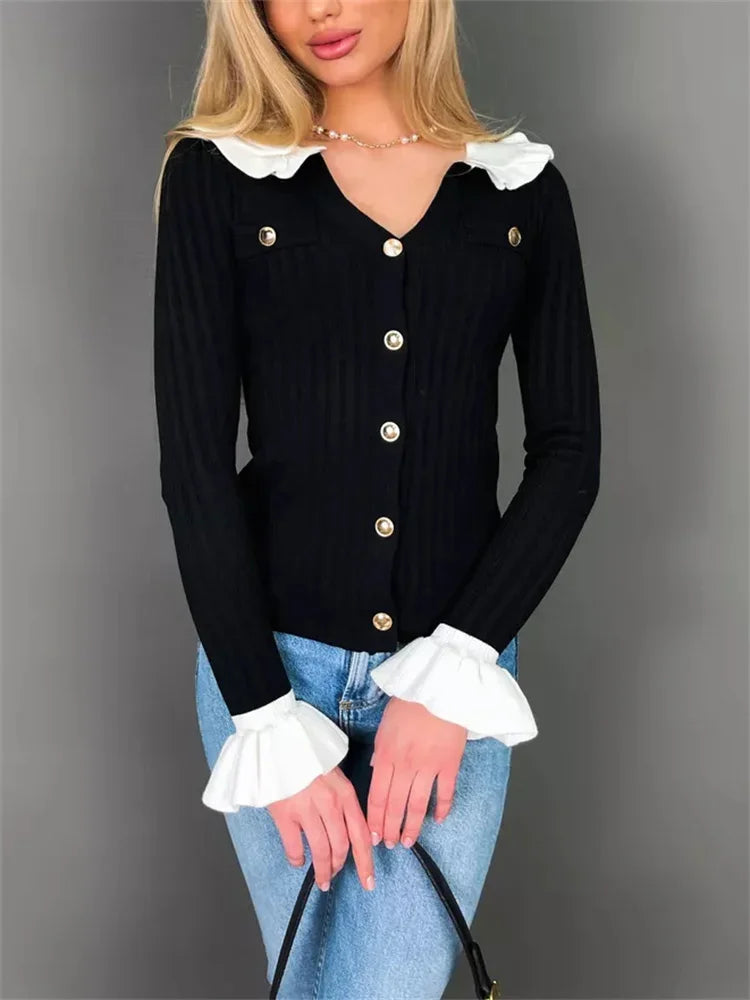 nvxiot - Ruffled Knit Cardigan Sweater For Women V-Neck Contrast Pocket Patchwork Slim Elegant Cropped Top Female Knitwear Cardigan