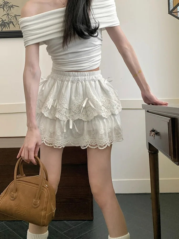 MQTIME - White Lace Mini Skirt Women Ballet Style Bow Kawaii High Waisted A-line Skirt Summer Fashion Cutecore Girl Clothing New