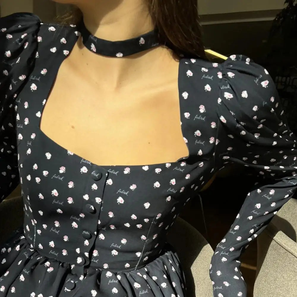 MQTIME - Sexy Slim Print Women Dress Fashion Square Collar Long Sleeve Mini Dress Elegant High Waist Pleated Skirt 2024 Lady Robes