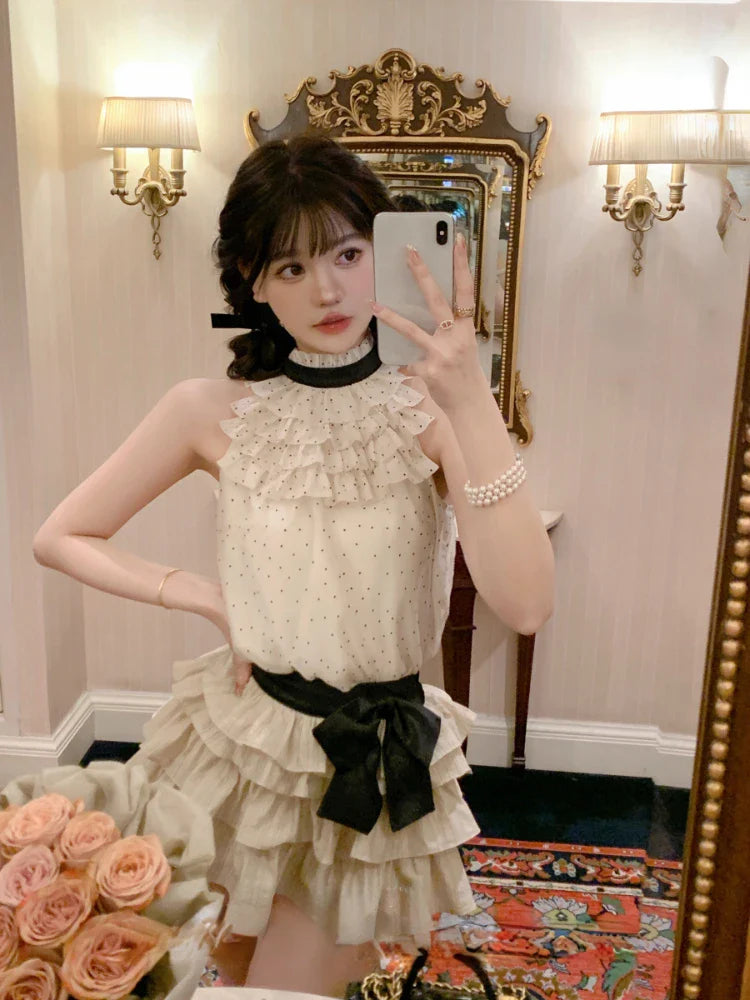 MQTIME - Chiffon 2 Piece Skirts Sets Outwear Casual Y2k Crop Tops Sleeveless + Mini Skirts Korean Fashion Suits 2000s Vintage Clothing