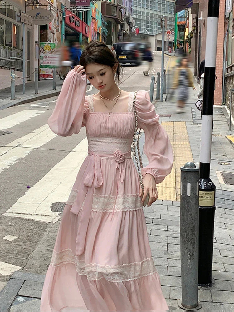 MQTIME - 2024 Summer Woman French Elegant Lace Midi Dress Party Long Sleeve Korean Fashion Dress Beach Chiffon Fairy Slim Dress Chic