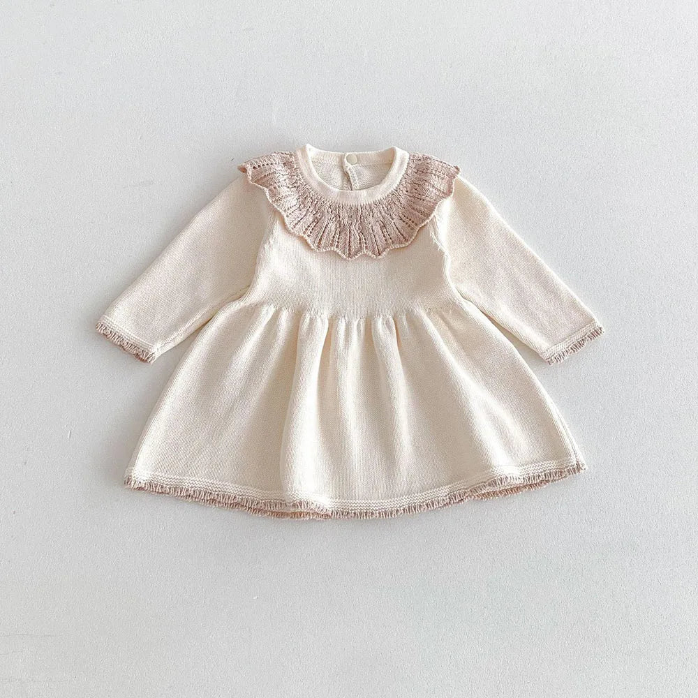 MQTIME - New 2024 Autumn Girl's Knitted Dress Children's Sweet Lotus Leaf Collar Sweater A-line Princess Dress Kid's Clothing