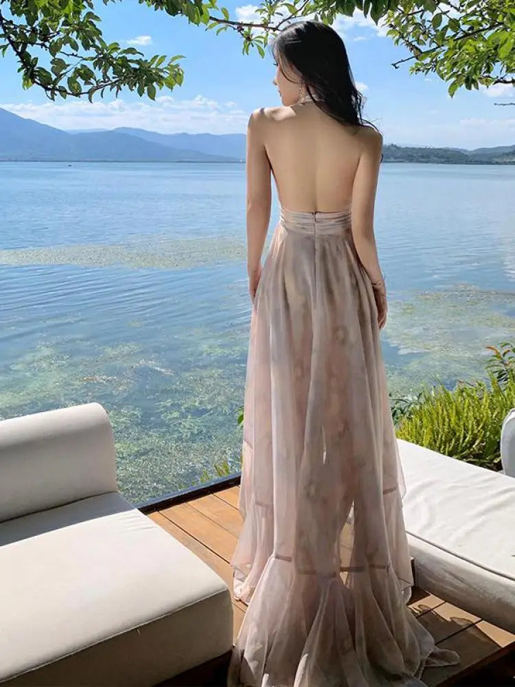 nvxiot - Summer Retro Print Halter Sleeveless Backless Slim Bodycon Birthday Dress Women Party Elegant Irregular Pleated Long Dress