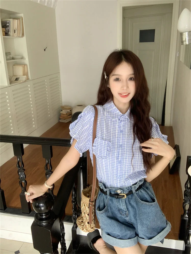 nvxiot - Japanese Style Short Sleeved Shirt for Women Spring Summer New Small Figure Niche Plaid Top Sweet Girls Blouse Cute Y2k Blusa
