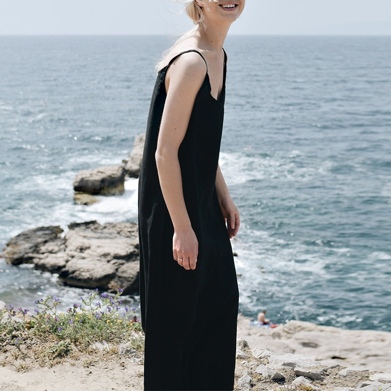 nvxiot Casual Loose Cotton Linen Women'S Dresses Summer Sexy Spaghetti Strap Sleeveless Harajuku Long Midi Party Club Dress