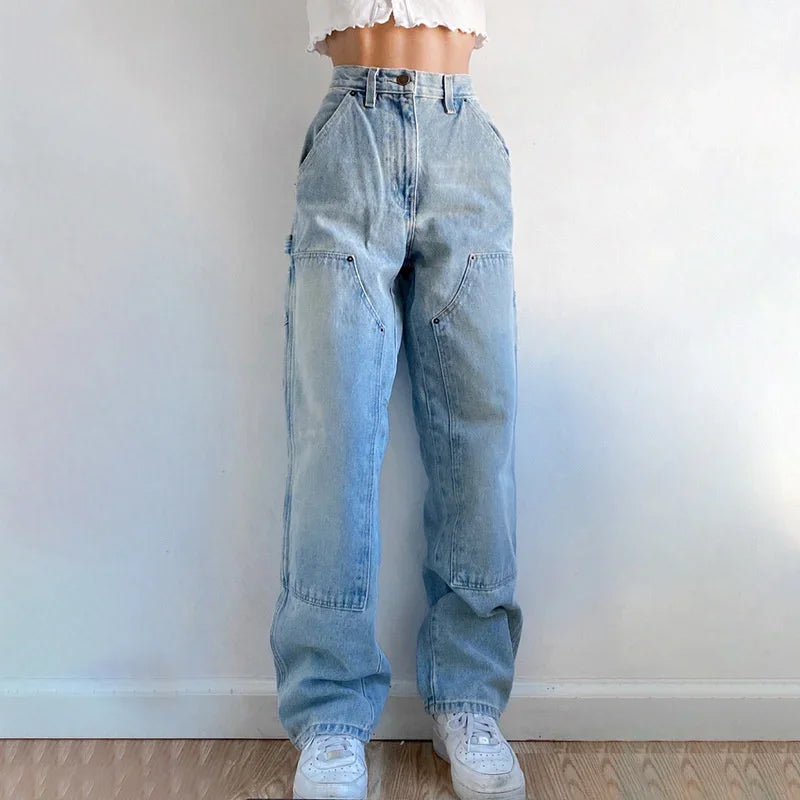 nvxiot - Women's Autumn New Casual Straight Denim Pants 2024 Baggy Jeans Mom Fit High Waist Loose Light Blue Jean Pocket Patchwork Female