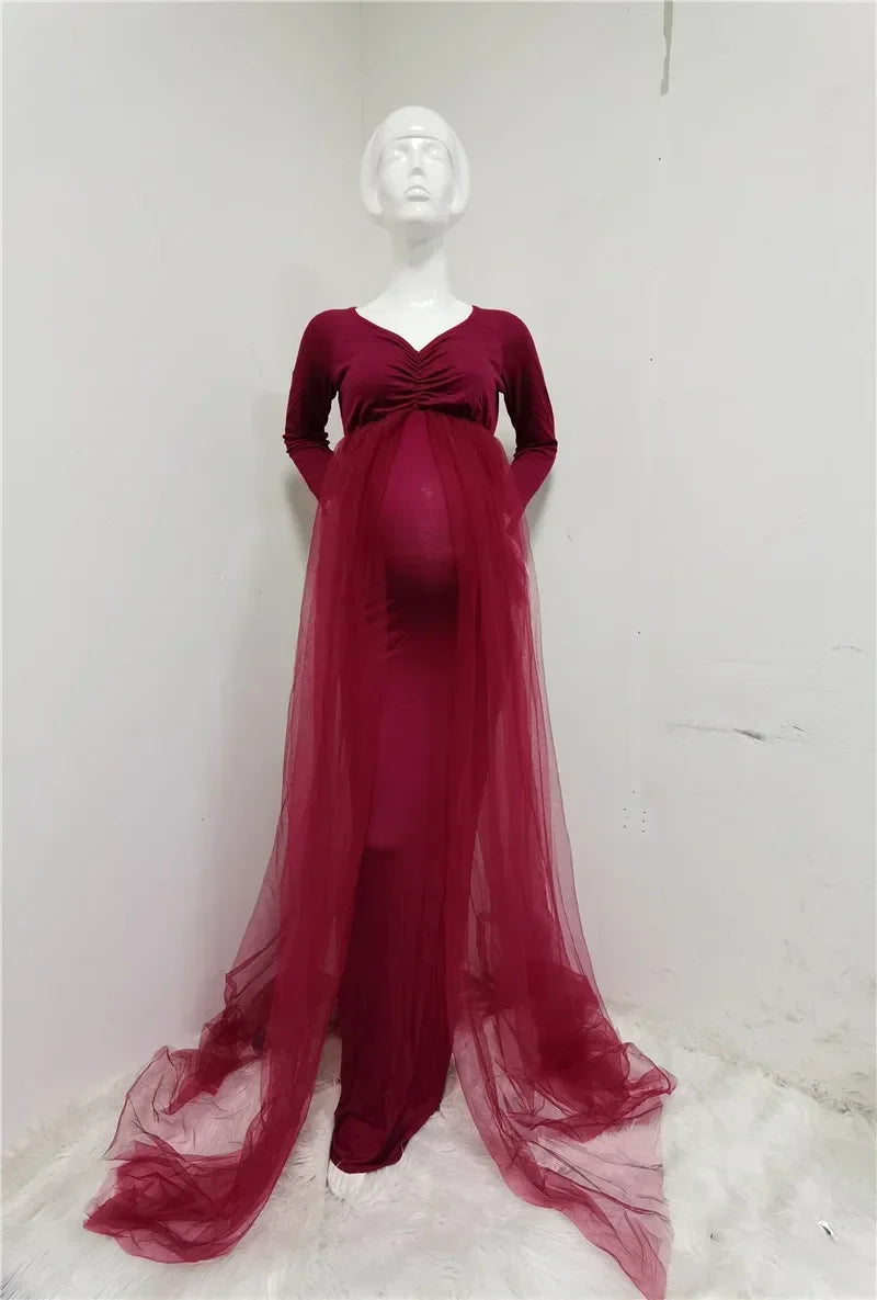 nvxiot - Summer Maternity Tulle Long Dresses Baby Shower Cotton Dress Stretchy Pregnancy Photography Dress with Cape Long Train