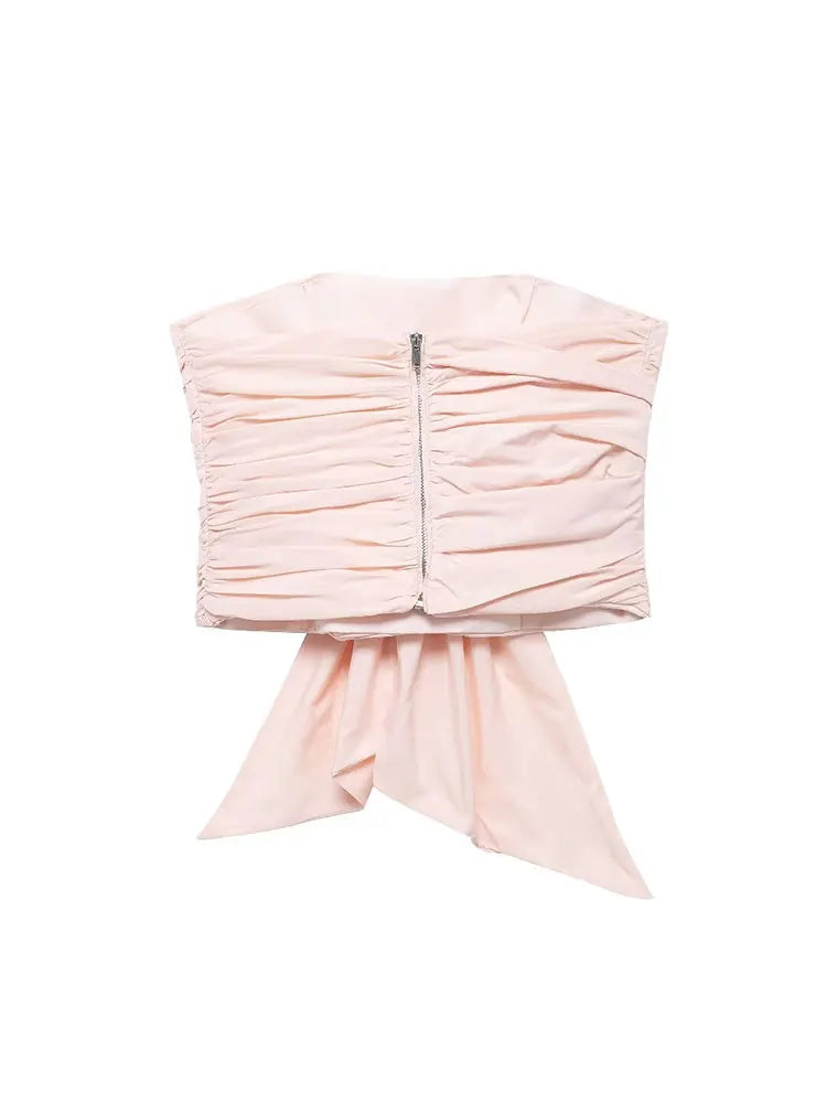 MQTIME - Women's Causal Tube Tops Elegant Solid Color Sleeveless Bow-embellished Taffeta Sleeveless Y2K Pink Tops For 2024 Summer