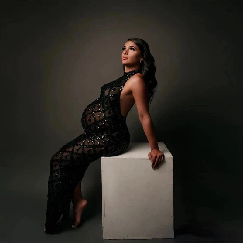 nvxiot - Maternity Photography Sexy Shiny Goddess Bodysuit Rhinestone Maternity Dress For Photo Shoot