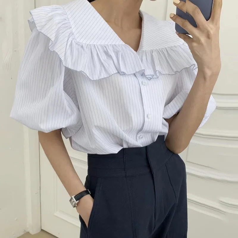 nvxiot - Korean Style Female Shirts Summer Minimalist Navy Collar Ruffle Stripe Blouse Loose Single Breasted Short Bubble Sleeve Tops