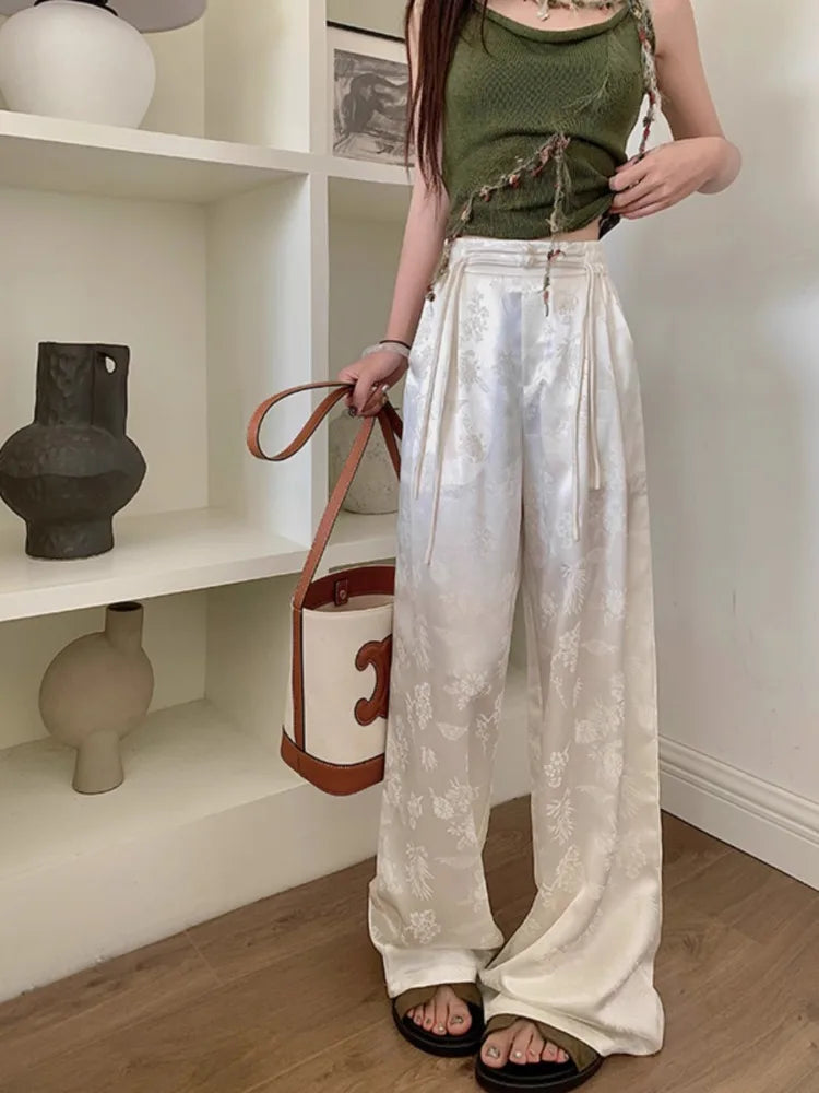 nvxiot - Satin Flower Graphic Long Pants Women Elastic High Waisted Wide Leg Pants Chinese Style Fashion Summer Loose Trousers