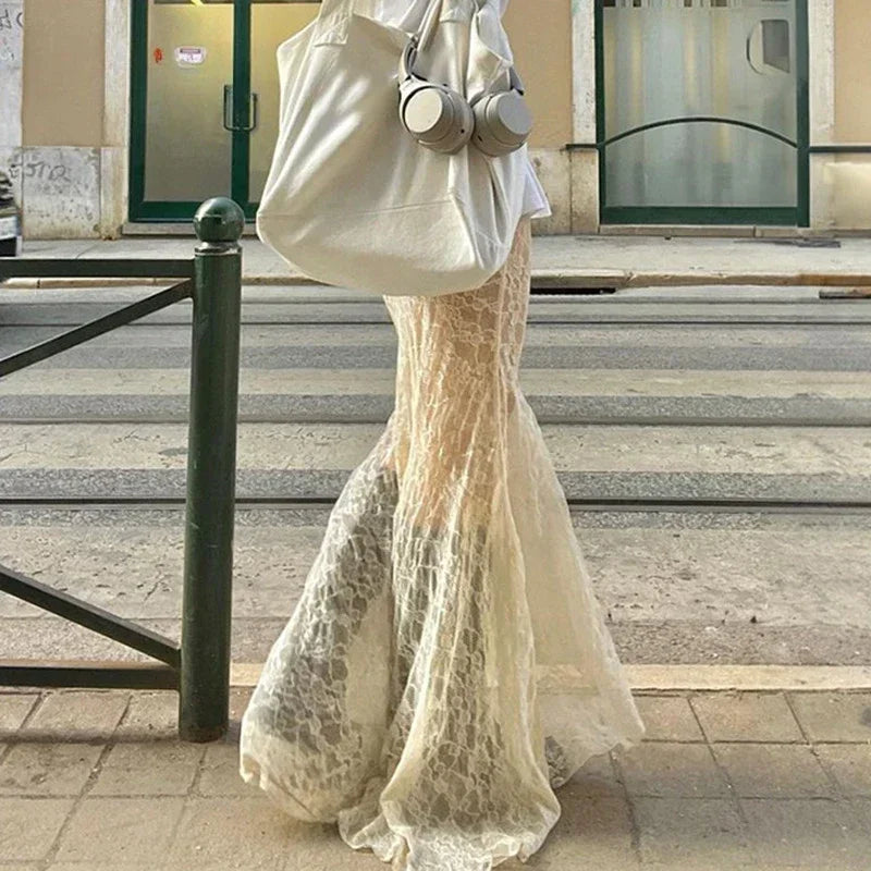 MQTIME - Semi Sheer Midi Long Skirt with Two Layer Lace Trumpet Mermaid Maxi Skirts @e-girl fairycore 2000s grunge goth aesthetic korean
