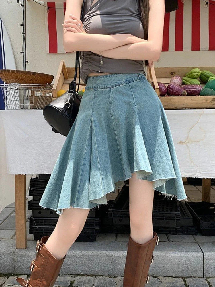 MQTIME - Vintage Irregular Denim Skirt Y2k High Wasit Pleated A-line Summer Skirts for Women Sexy Girl Washed Aesthetics Clothes
