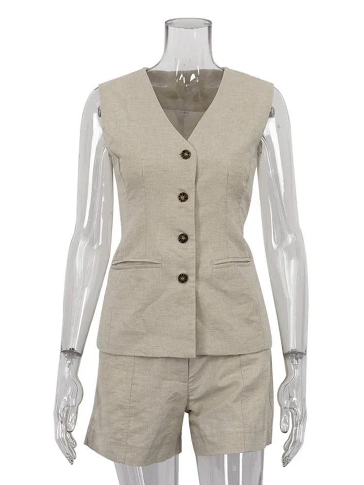 MQTIME - 2024 Spring Summer Women Office Linen Shorts Set Sleeveless V-neck Outfit Solid Khaki 2 Piece Matching Sets For Women
