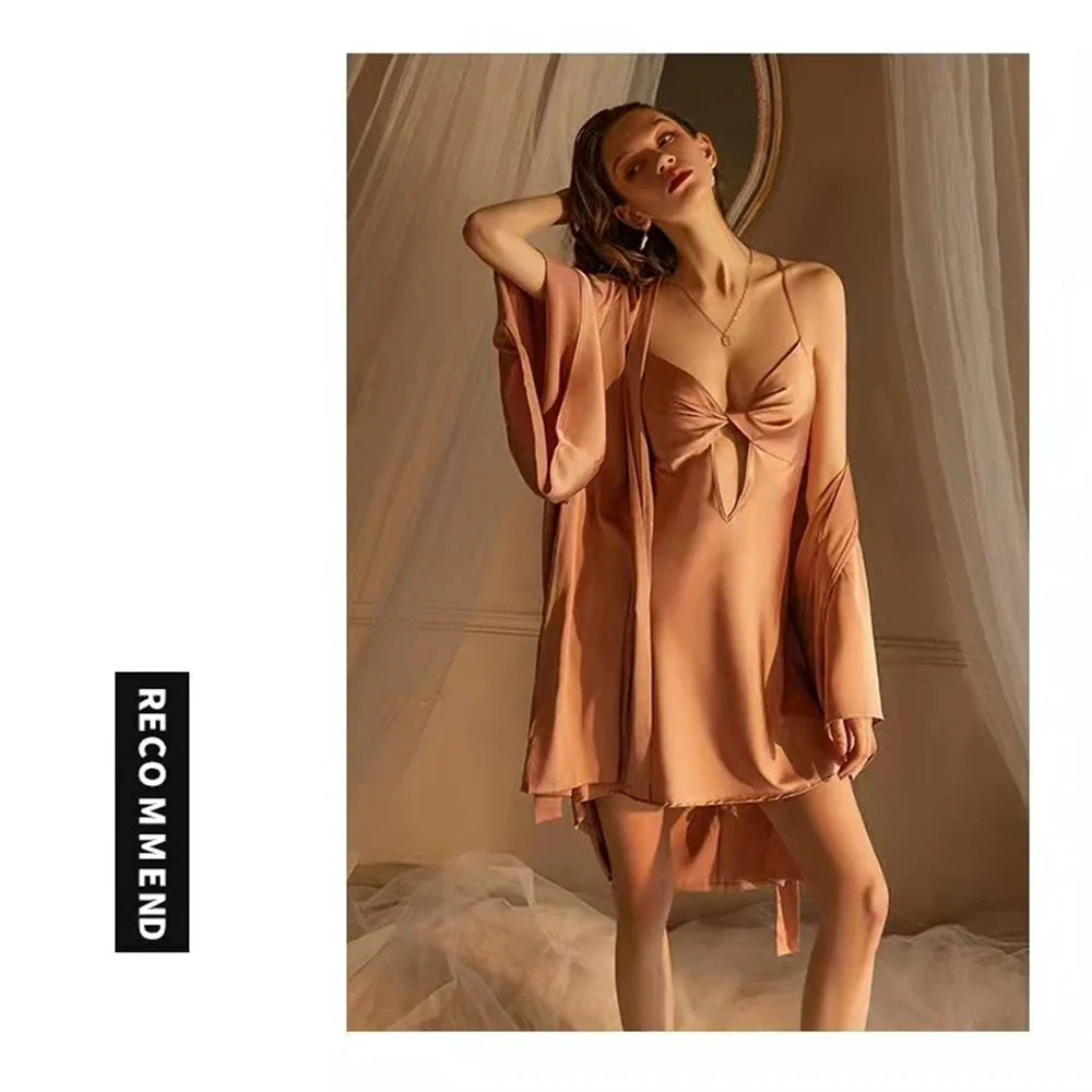 MQTIME - Summer Women White Satin Robe & Gown Sets Sexy Sleep Lounge Nightwear With Chest Pads Bathrobe+Sling Nightdress