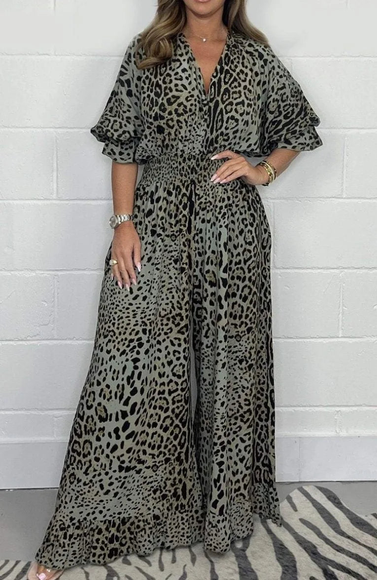 MQTIME - Leopard Print Casual loose Jumpsuits for Women Sexy Elegant Long Straight Pants Busineess Wide Leg Jumpsuit Dressy Party